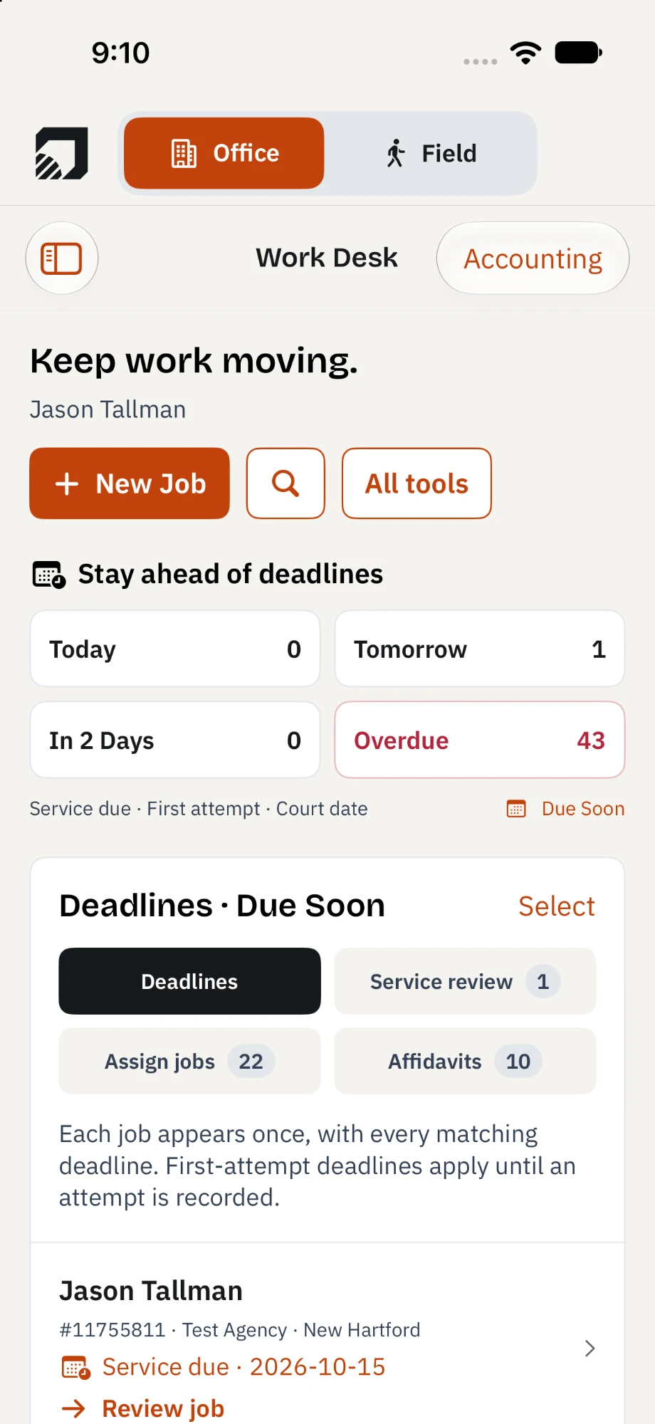 RocketServe app on iPhone with the Office | Field switch set to Office: the Work Desk, headed Keep work moving, with New Job, search and All tools buttons; Stay ahead of deadlines tiles for Today 0, Tomorrow 1, In 2 Days 0 and Overdue 43 in red; a Deadlines · Due Soon panel with chips for Service review 1, Assign jobs 22 and Affidavits 10; and the first job row showing Service due 2026-10-15 with a Review job link.