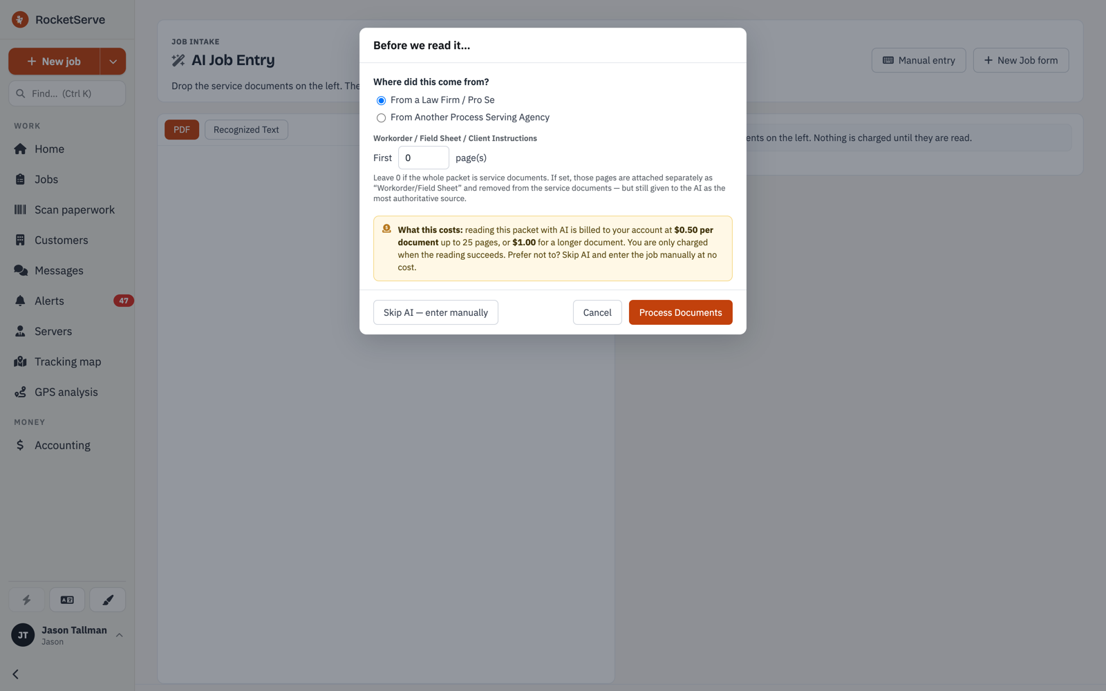 The Before we read it dialog: asks where the packet came from, how many pages are the work order, states the per-document cost of an AI read and that you are only charged when the reading succeeds, and offers Skip AI and enter manually, Cancel, or Process Documents.
