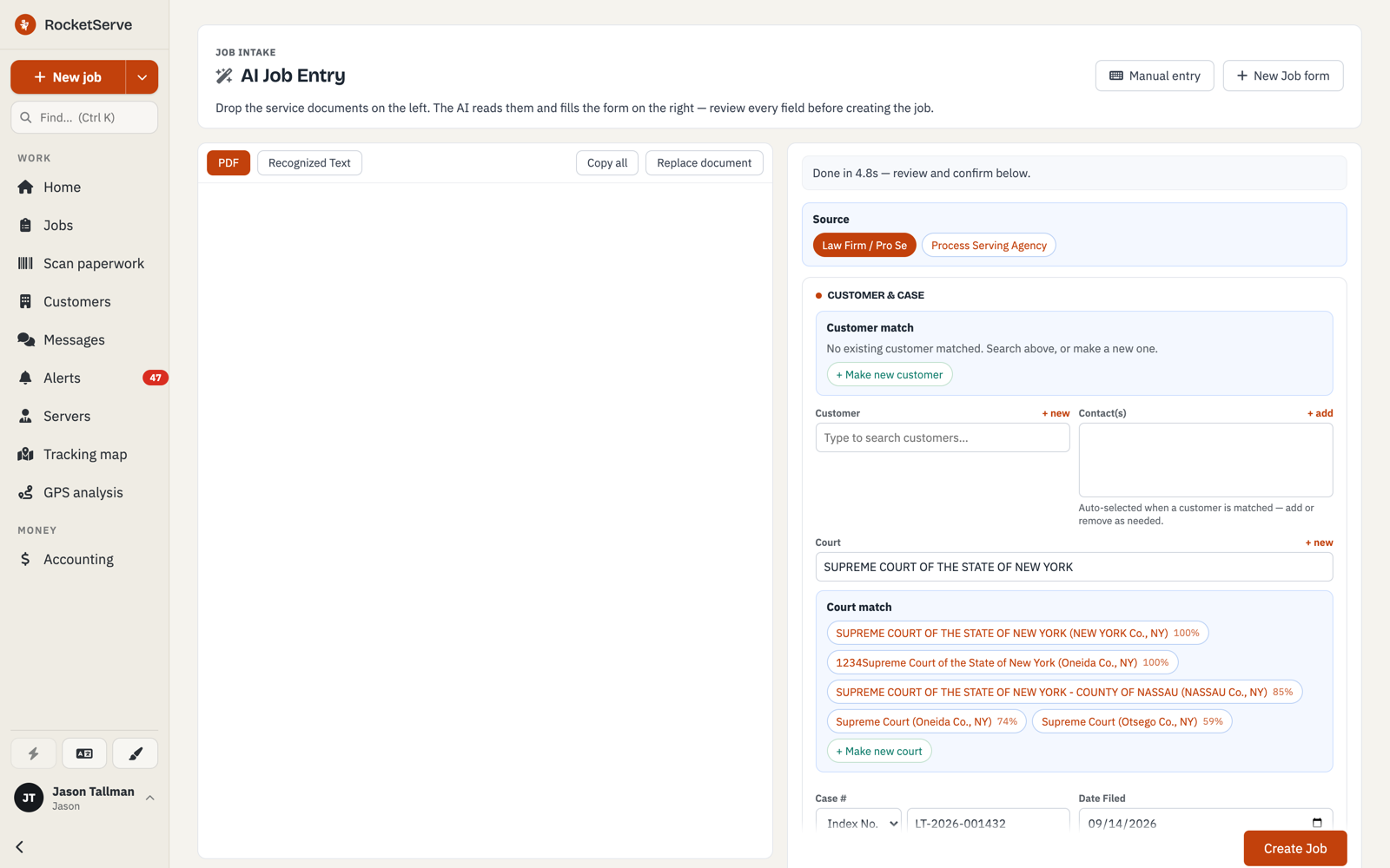 The AI Job Entry form after reading a document: a banner reads Done in 4.8s, review and confirm below; Source is set to Law Firm / Pro Se; the Court field shows Supreme Court of the State of New York with a Court match list ranked by confidence, the first at 100%; the case number and date filed are filled; a Create Job button sits at the bottom.